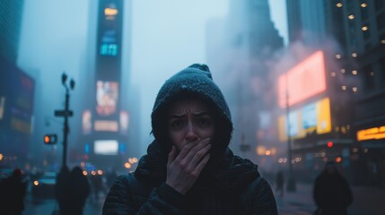 A solitary figure in a hood, braving the chilly misty atmosphere of Times Square, surrounded by glowing advertisements and bustling crowds.