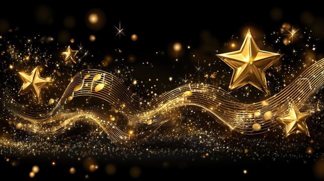 Golden stars and musical notes in sparkling night sky