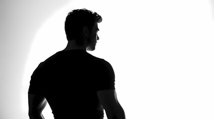 Silhouette of a man in a black t-shirt on a white background, looking away from the camera with his head turned to the side, back view, in black and white photography