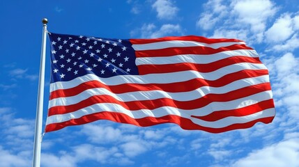 Obraz premium United states flag waving against a clear blue sky Happy 4th of July, Independence Day USA