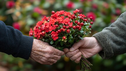 Two hands exchanging a vibrant bouquet of red flowers, symbolizing love and connection in a serene garden setting.