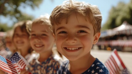 Group of smiling caucasian children holding american flags at outdoor event Happy 4th of July, Independence Day USA