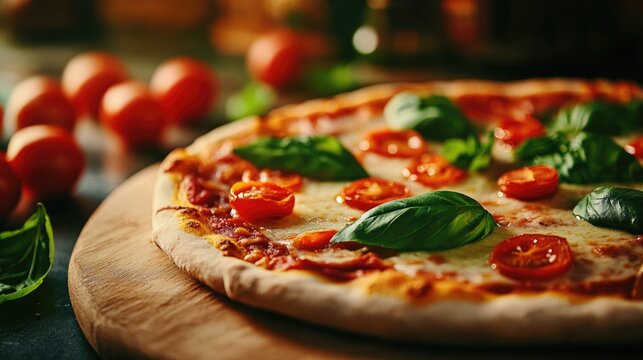 Delicious margherita pizza with fresh basil and cherry tomatoes on wooden board - Powered by Adobe