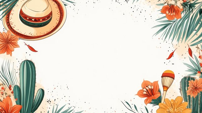 Colorful mexican fiesta border with sombrero and maracas Happy Cinco de mayo