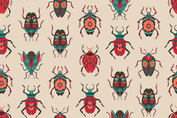 Beetles seamless pattern whimsical folk art insects. Different fantasy bugs with patterned wings boundless ornament. Bugs endless design for paper print, fabric textile, wrapper backdrop template