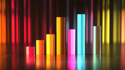 Obraz premium A creative stacked column chart showcases glowing segments in vibrant colors, elegantly arranged over a polished metallic surface that features subtle reflections, enhancing its modern aesthetic.
