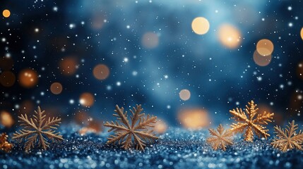 Festive winter background with golden snowflakes on blue glittery surface. Soft bokeh effect, falling snow create cozy wintery ambiance. Decorative golden snowflakes sit on surface of sparkling blue