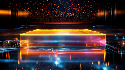 A creative box plot features glowing, gradient-filled boxes with dynamic whiskers, elegantly displayed against a holographic, polished surface, adding a futuristic touch to data visualization.