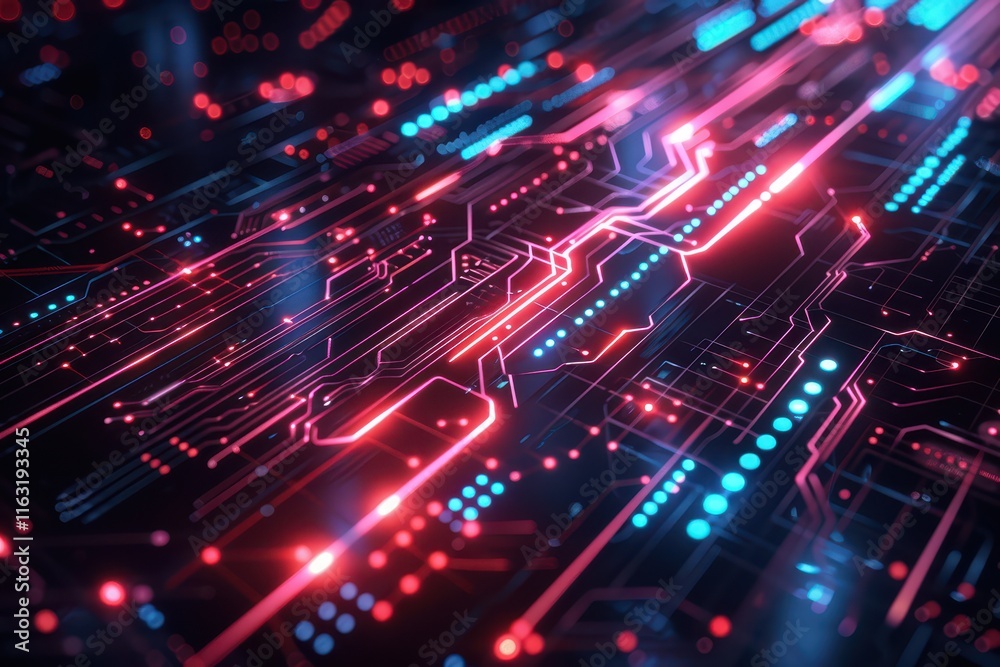 Poster Futuristic digital design with glowing circular patterns and vibrant colors in a high-tech environment