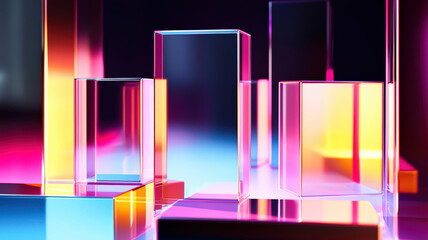 A creative box plot features glowing, gradient-filled boxes with dynamic whiskers, elegantly displayed against a holographic, polished surface, adding a futuristic touch to data visualization.
