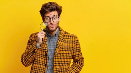 Fototapeta premium Portrait of funny man looking through magnifying glass searching or investigating something standing in sweater against yellow copy space background