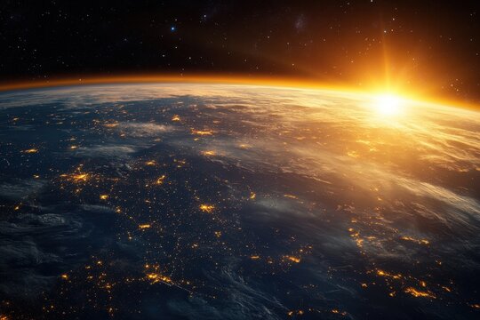 A stunning view of Earth from space, with the sun rising over the horizon and illuminating the clouds and cities below.