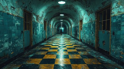 Fototapeta premium Abandoned psychiatric hospital interior slung derelict forsaken outcast