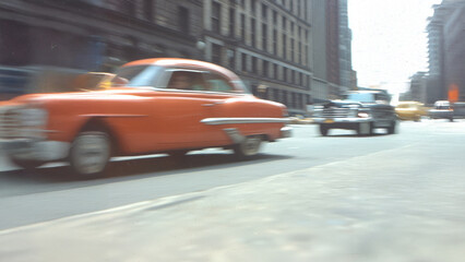 A vibrant orange car speeds down a bustling city street, surrounded by classic vehicles and tall buildings, capturing a dynamic urban scene.
