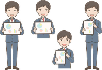 スーツを着た男性がタブレットを使って説明