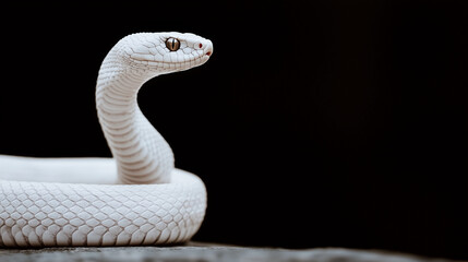 Fototapeta premium Albino Snake Portrait: A mesmerizing close-up of an albino snake with piercing eyes, its white scales contrasting dramatically against a dark background.