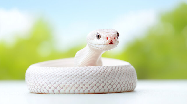 Albino Ball Python in a Bowl: Close-up of an adorable albino ball python peeking out of a shallow bowl against a vibrant green blurred background.
