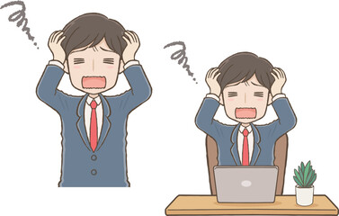 スーツを着た男性が頭を抱えて悩む（パソコンあり、なし）