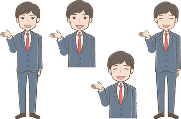 右手を上げて案内するスーツ男性