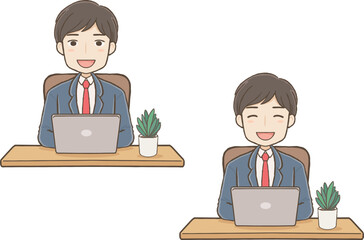 パソコン前で笑顔のスーツ男性　表情2種