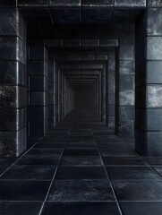 Dark, Mysterious Corridor with Stone Walls and Tiles