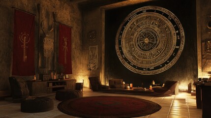 Ancient Ritual Chamber: Mystical Golden Tapestry