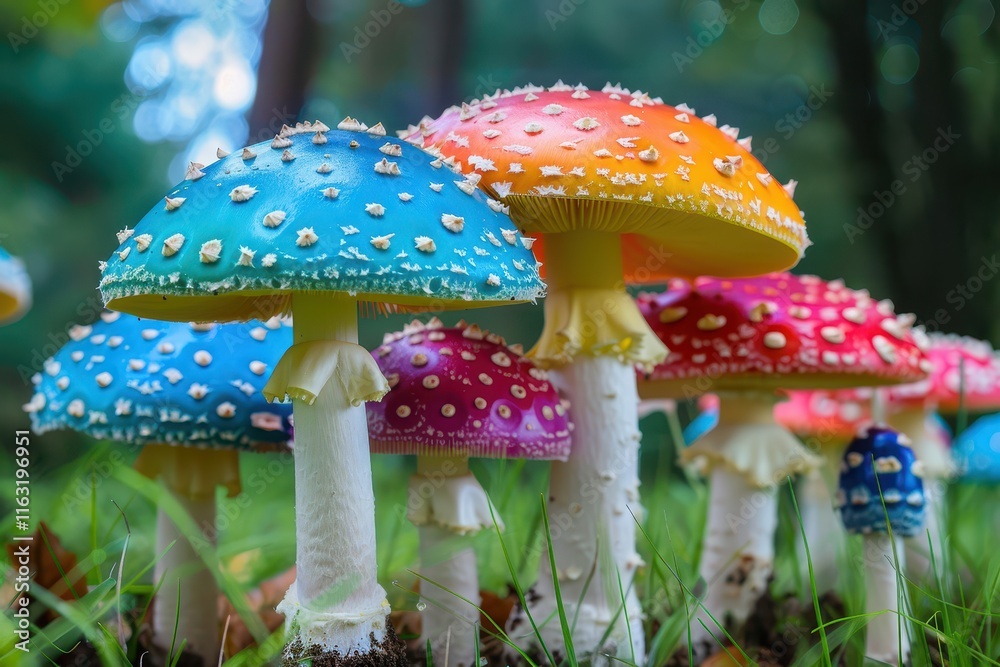 Aufkleber colorful mushrooms growing on forest floor display a variety of vibrant hues and intricate patterns 