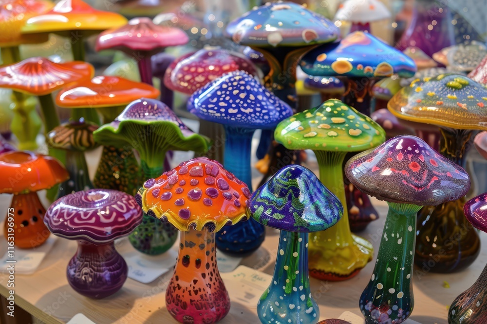 Aufkleber colorful mushrooms growing on forest floor display a variety of vibrant hues and intricate patterns 