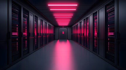 Fototapeta premium Futuristic Data Center with Neon Lights: A Glimpse into Cutting-Edge Technology and Networking. Innovative Autonomous Networks Concept