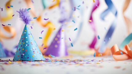 Colorful party hats, confetti celebrate joyful event. Vibrant decorations, streamers create festive atmosphere. Lively setting suggests birthday party special occasion. Festive accessories,