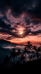 Fototapeta premium Tropical Sunset Full Moon Palm Trees Night Sky Landscape