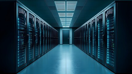 Fototapeta premium Illuminated Server Farm Signifying Advanced AI Operations and Technology. Innovative Autonomous Networks Concept