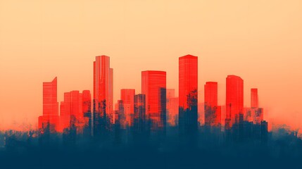 Fototapeta premium Vibrant Cityscape at Dusk: A Harmonious Blend of Colors and Modern Architecture Illuminated Brightly. Innovative Autonomous Networks Concept