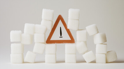 Sugar cubes meticulously stacked in the shape of a warning sign, symbolizing the cautionary message of excessive indulgence and the potential dangers of overconsumption.
