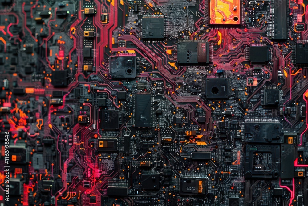 Poster colorful arrangement of electronic circuit boards displaying intricate designs and textures