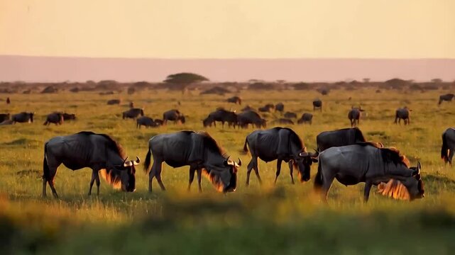 African Wildebeest at Sunset: A breathtaking view of a herd of wildebeest grazing peacefully in the golden light of the African savanna at sunset.