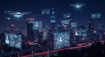 Futuristic cityscape with digital interfaces and drones hovering in urban night sky