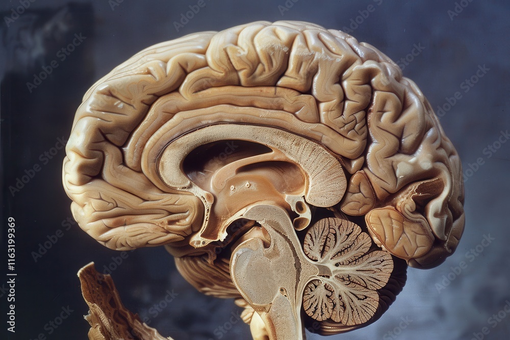 Poster Detailed view of human brain anatomy showcasing cerebral structures and neural pathways in a scientific exhibition or educational context