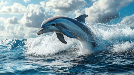 Fototapeta premium Dolphin Leaping Ocean Waves Sky Clouds