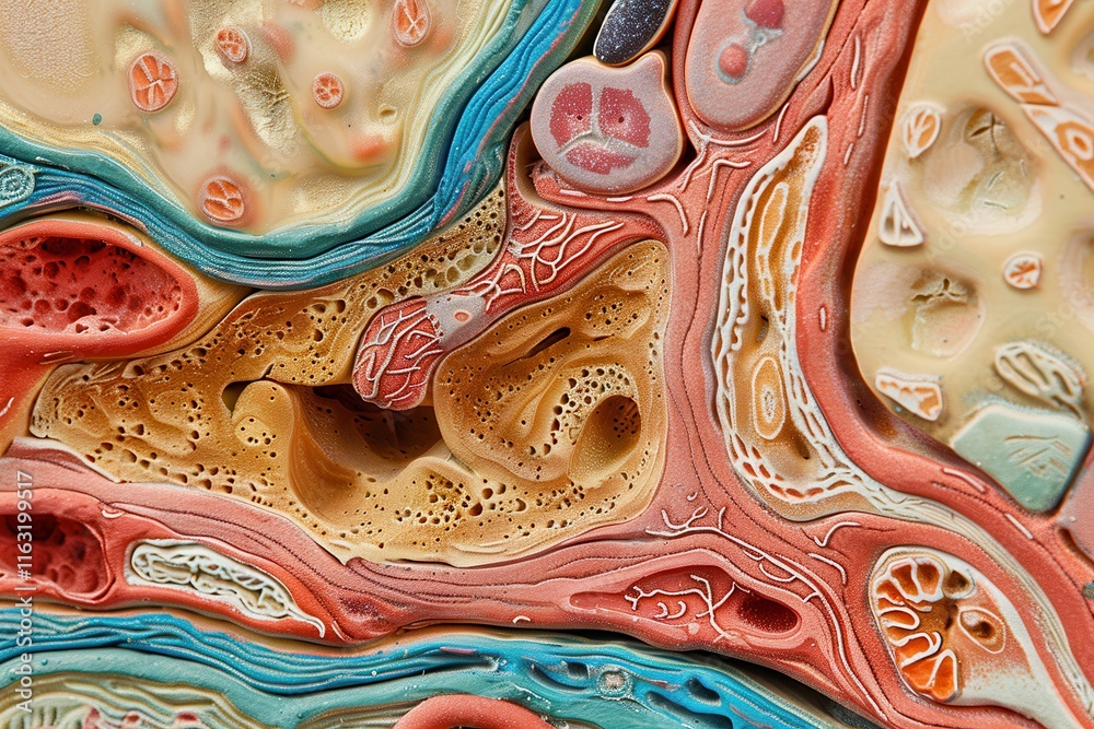 Aufkleber Detailed illustration of cellular structure showcasing various types of cells and their interactions under magnification in a colorful cross-section