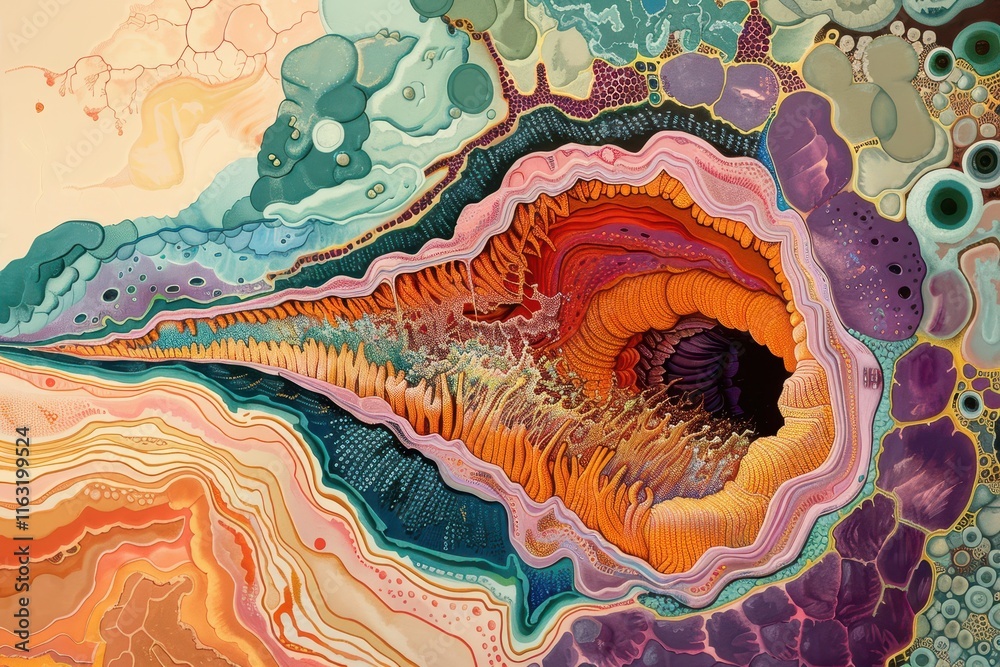 Aufkleber Detailed illustration of cellular structure showcasing various types of cells and their interactions under magnification in a colorful cross-section