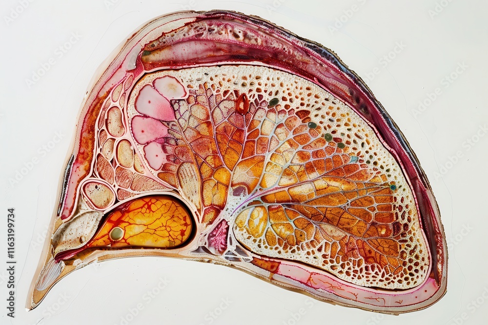 Poster Microscopic view of a colorful cross-section of a plant leaf showcasing intricate cellular structures and patterns in vibrant hues