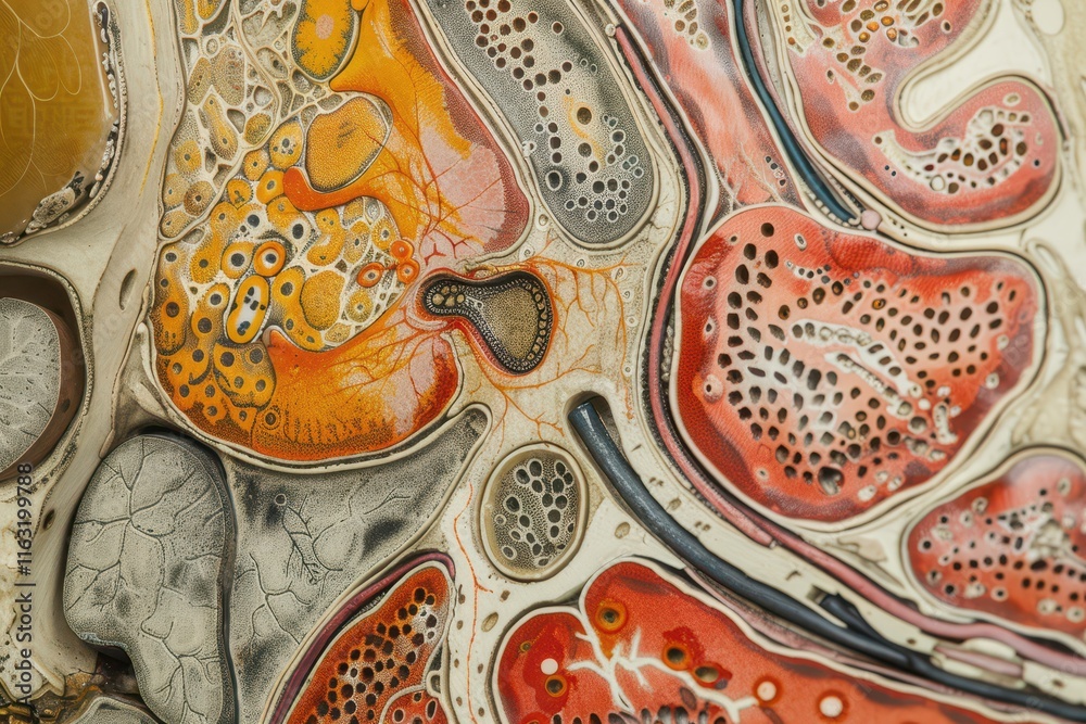 Poster Microscopic view of a colorful cross-section of a plant leaf showcasing intricate cellular structures and patterns in vibrant hues