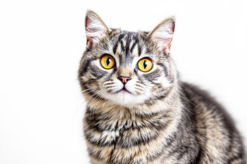 Obraz premium Close-up of a tabby cat with striking yellow eyes, soft fur texture, and alert expression, captured against a white background. Ai generative