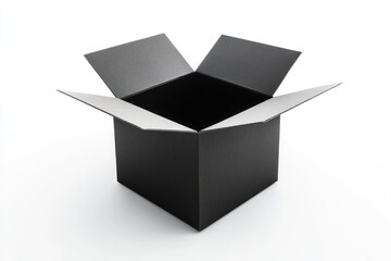 An open black cardboard box sits on a white background