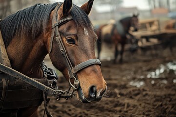 Obraz premium Close-Up of a Horse Pulling a Wooden Plow on a Farm