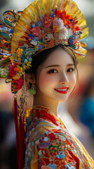 Elegant Woman Wearing Colorful Dress and Stylish Hat in Vibrant Outdoor Setting Radiating Joy and Fashionable Charm