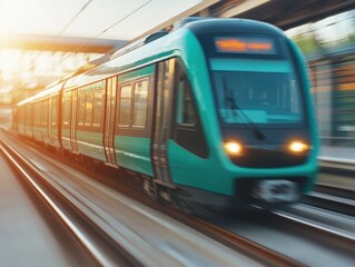 Naklejka premium A modern train speeds along the tracks, illuminated by sunlight, showcasing motion and urban transportation dynamics.