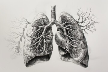 Detailed anatomical illustration showcasing human lungs with intricate branching airways and alveoli, highlighting the respiratory system's design and structure