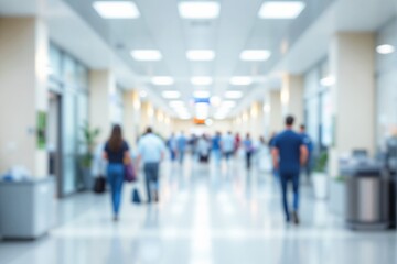 Blurry view of a hospital corridor, people walking in the hallway, bright lighting, modern interior design, and healthcare concept. Ai generative